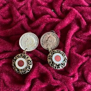 Vintage Coin Drop Earrings with Red Accents